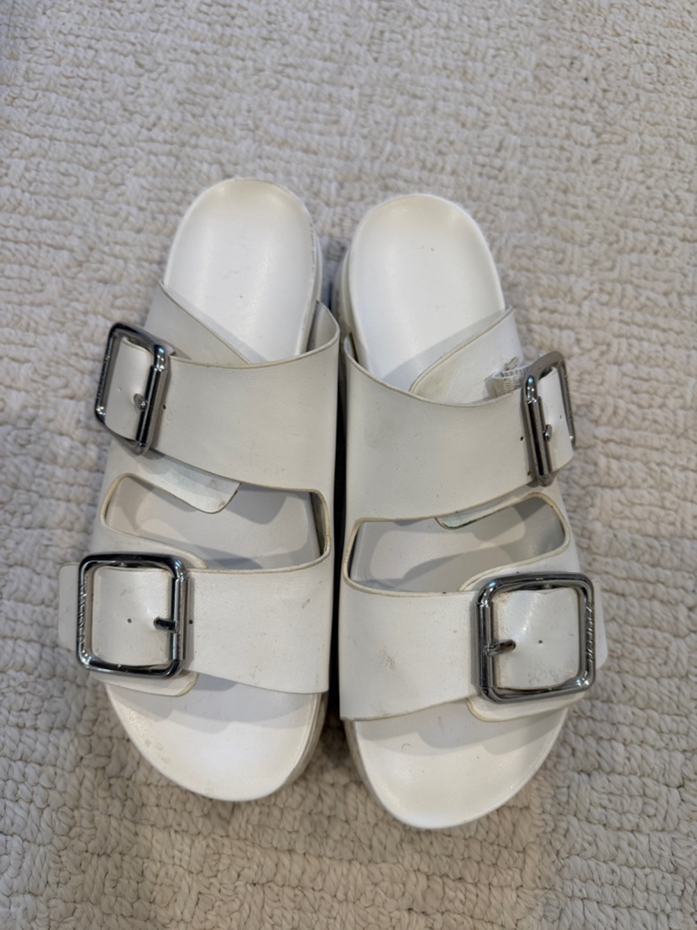 J Slides White Double-Strap Slide Sandals with Silver Buckles